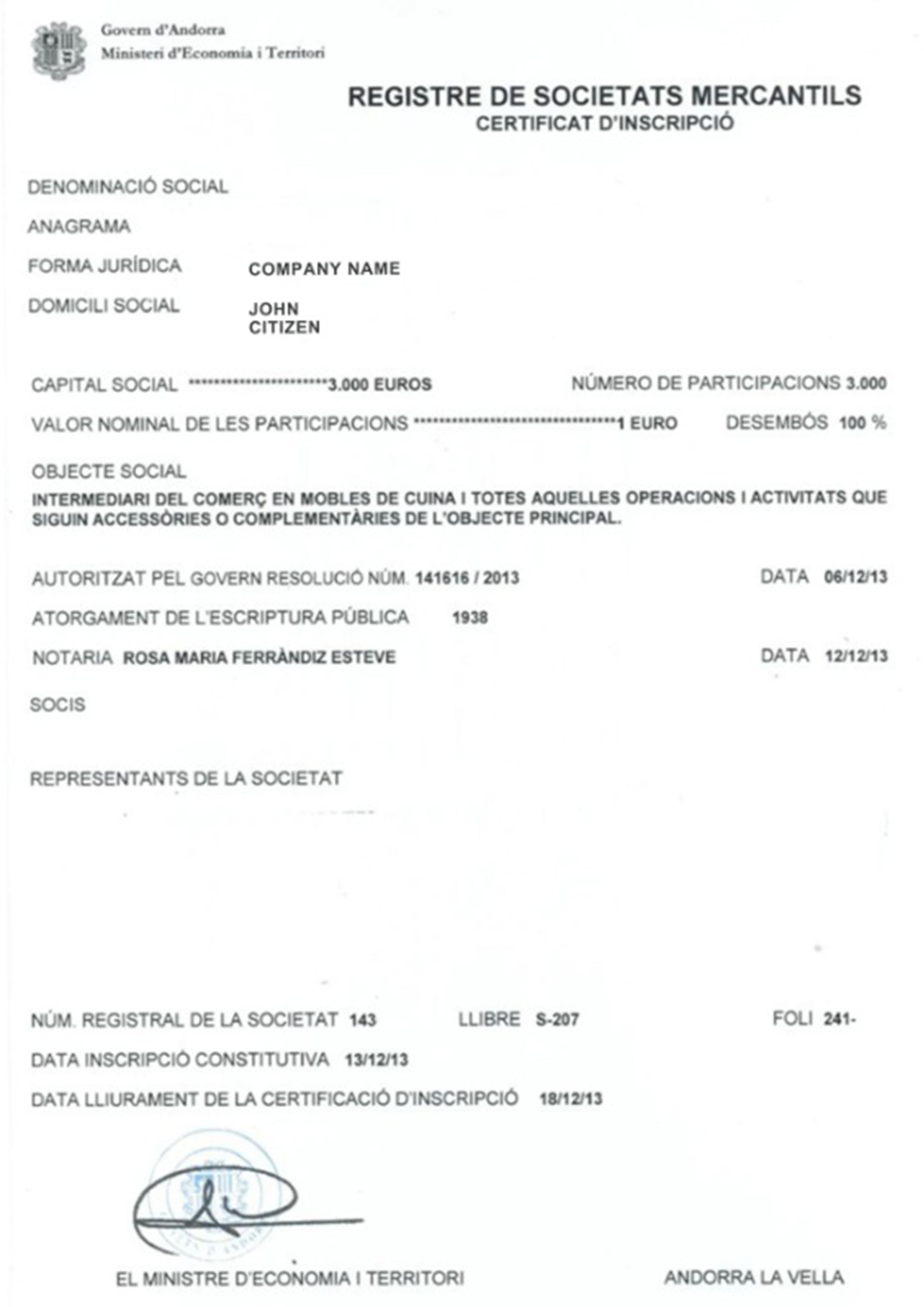 Andorra Business Registration Certificate